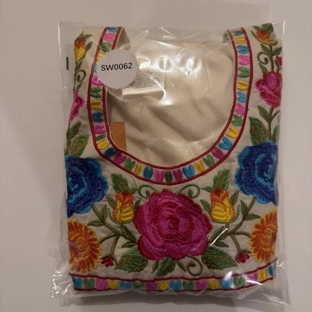 Durga Women's Top Heavily Embroidered Floral Shirt Vibrant Multicolor Med White